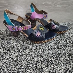 L'Artiste Spring Step Navy Sharyn Heels Sandals Floral Boho Chic Size 42/10.5-11
